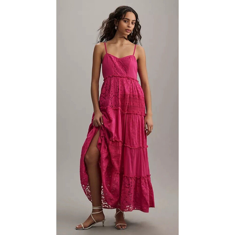 Anthropologie Bhanuni Jyoti Maxi Dress Women Tiered Pink Preppy Boho Size XL New